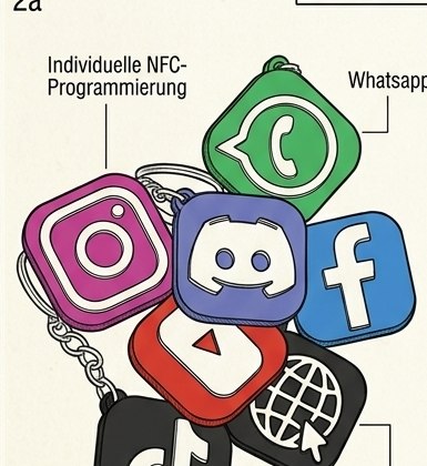 Handskizze: NFC-Schlüsselanhänger mit App-Icons